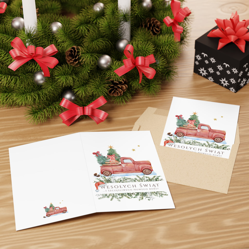 Polish Christmas Greeting Card – Vintage Red Truck with Christmas Tree (Polish: Wesołych Świąt)