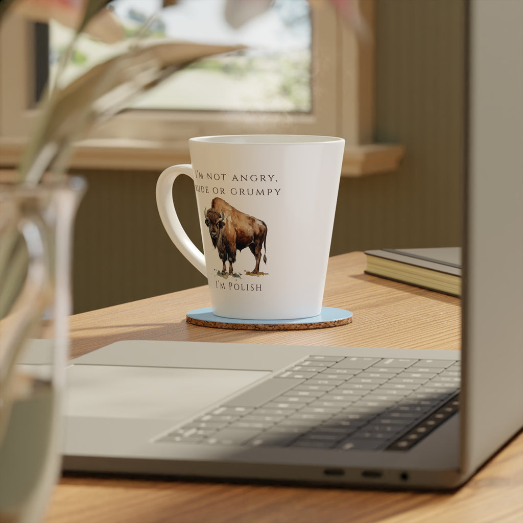 Polish Bison Latte Mug 12oz | Funny Polish Identity | “I’m Not Angry, Rude or Grumpy – I’m Polish” Slogan | Patriotic Polish Coffee Cup | Polish Canadian Heritage Gift