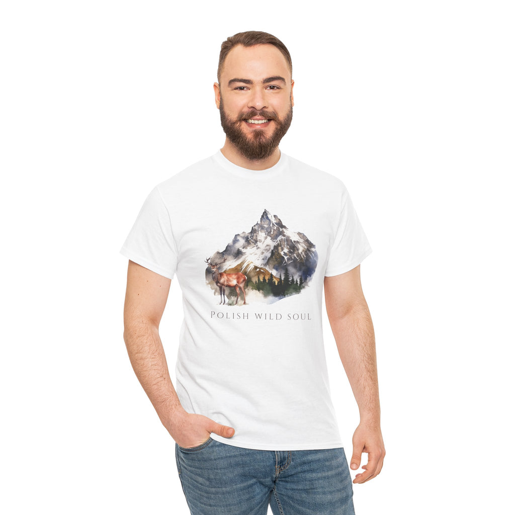 Polish Wildlife Unisex Adult  Cotton T-Shirt | Deer & Mountain Design | Polish Nature-Inspired Tee | Polish Heritage Apparel | Polish Canadian Identity Gift