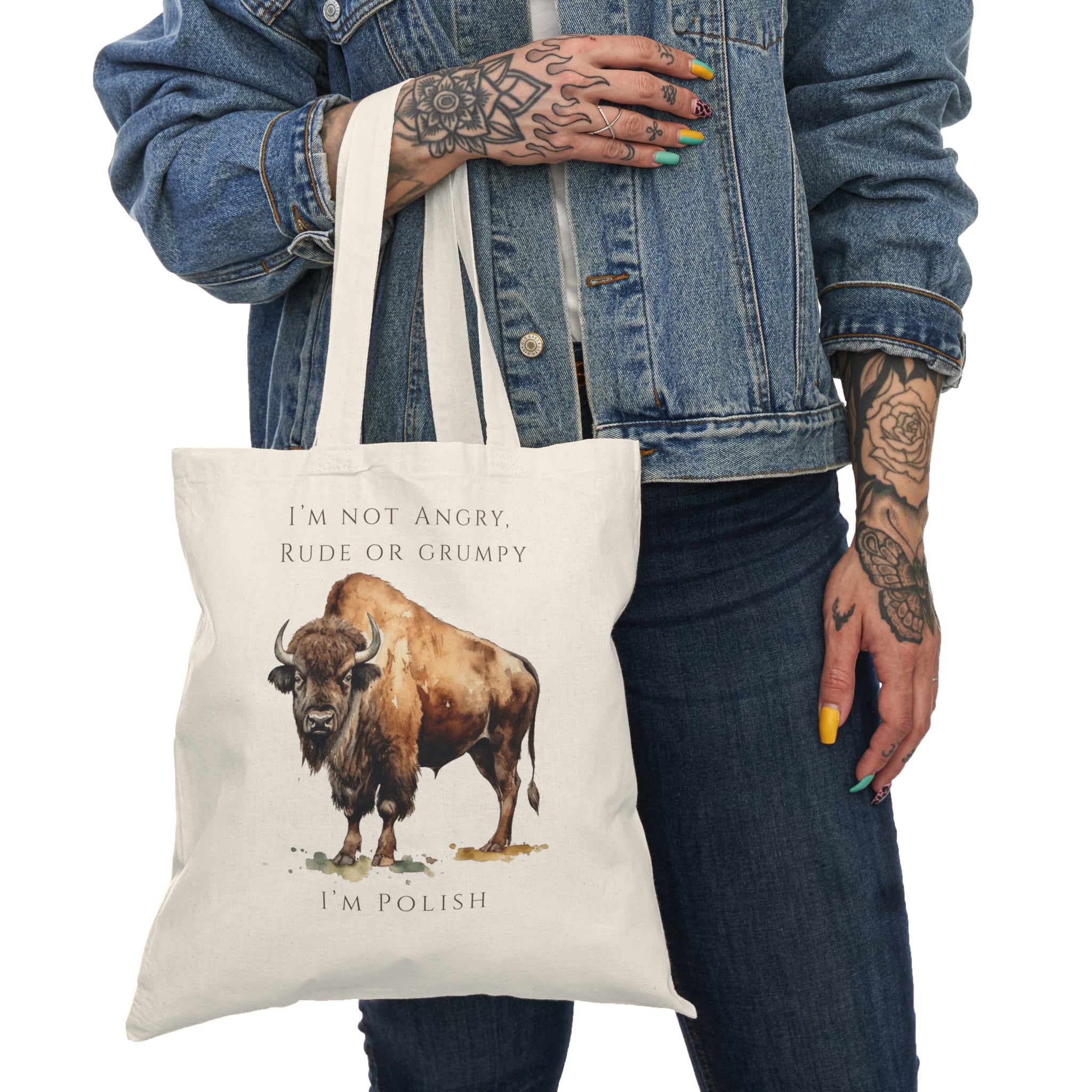 Polish Bison Tote Bag | Funny Polish Pride Design | "I'm Not Angry, Rude or Grumpy – I'm Polish" | Patriotic Polish Humor | Polish Canadian Heritage Gift