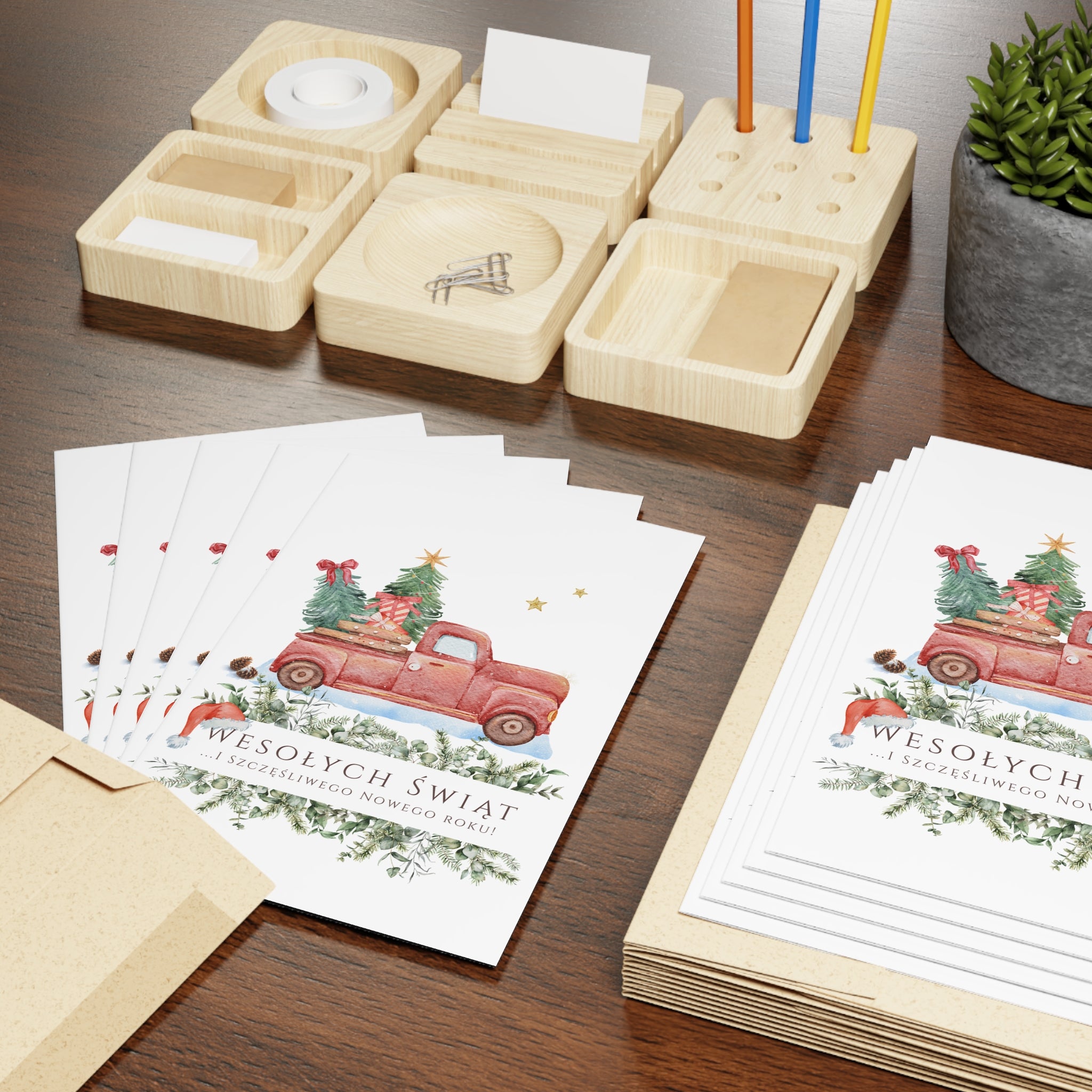 Polish Christmas Greeting Card – Vintage Red Truck with Christmas Tree (Polish: Wesołych Świąt)