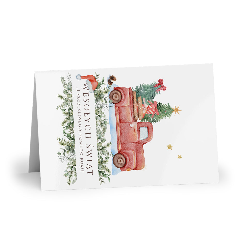 Polish Christmas Greeting Card – Vintage Red Truck with Christmas Tree (Polish: Wesołych Świąt)